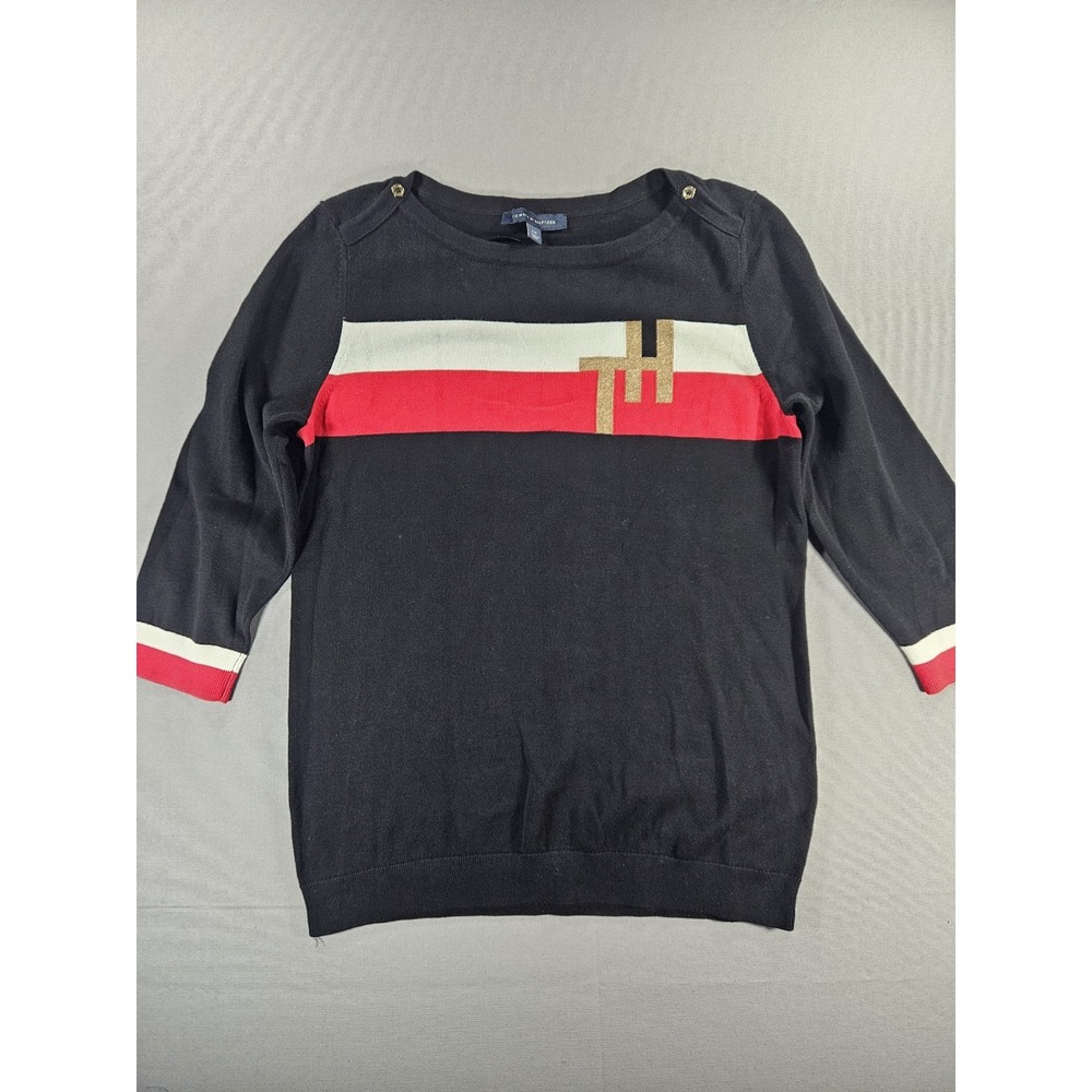 Tommy Hilfiger Womens L Cotton Knit Sweater Black White Red Striped TH Logo